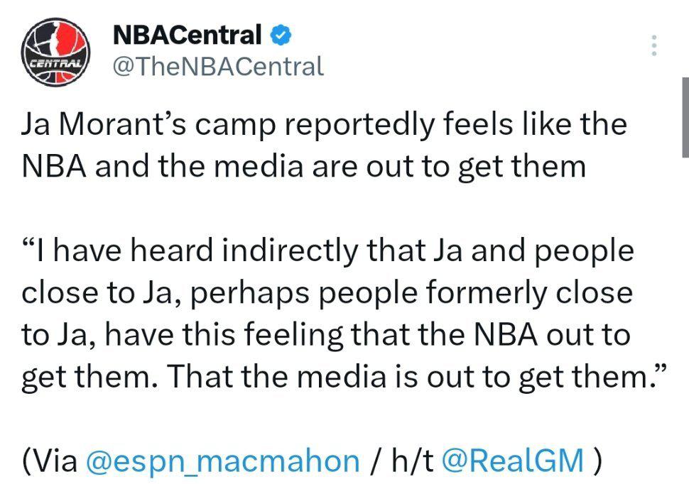 Tim MacMahon：莫兰特阵营的人感觉NBA和媒体都想“搞”他们。Tim 