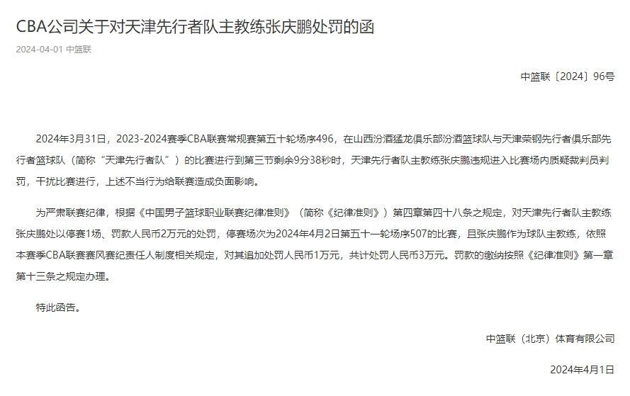 官方：张庆鹏违规进场干扰比赛 停赛1场罚款人民币3万元