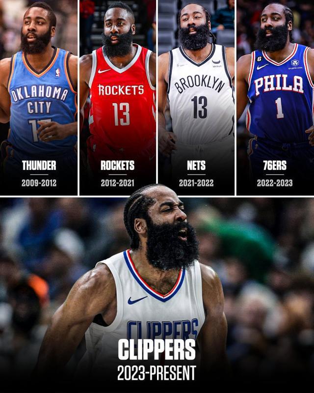 代表五支球队季后赛得分30+，哈登成NBA历史第一人