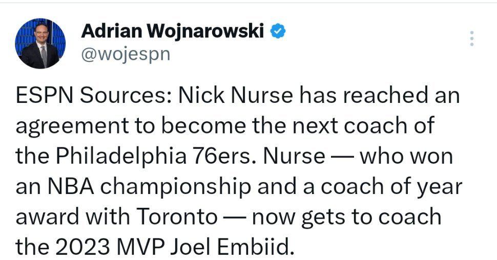 Woj：尼克纳斯和费城76人达成协议！将成为球队新任主教练！Woj补充说道：随着(1)