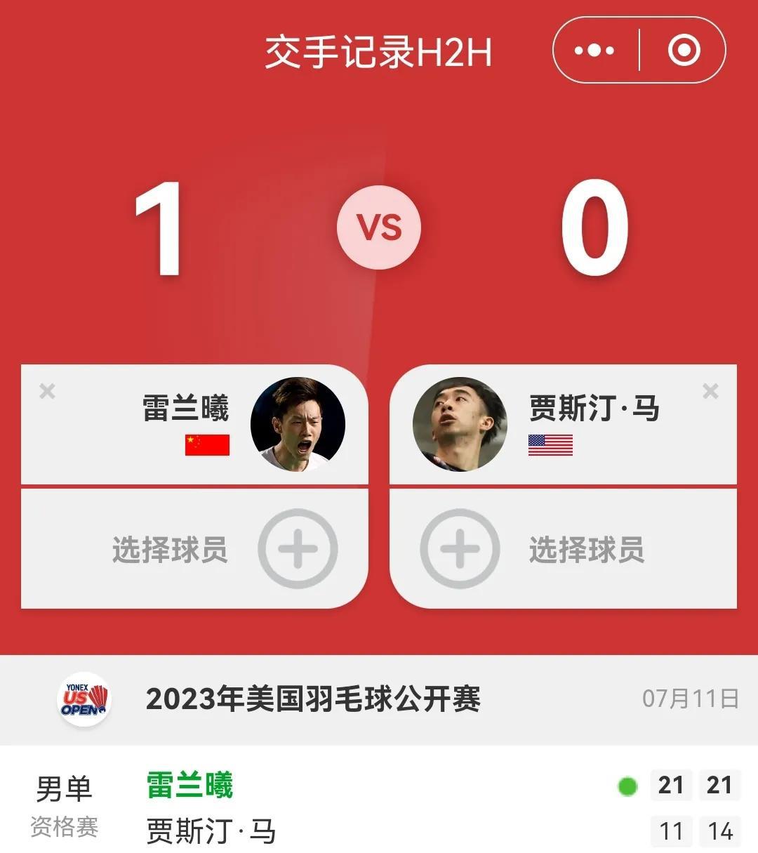 雷兰曦连胜两场资格赛突围，正赛首轮对阵卫冕冠军林俊易。
 第一比赛日，国羽男单球(2)