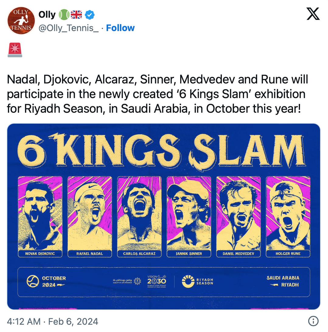 沙特砸重金邀请纳达尔、德约、阿卡参加表演赛，网友：钱是万能的