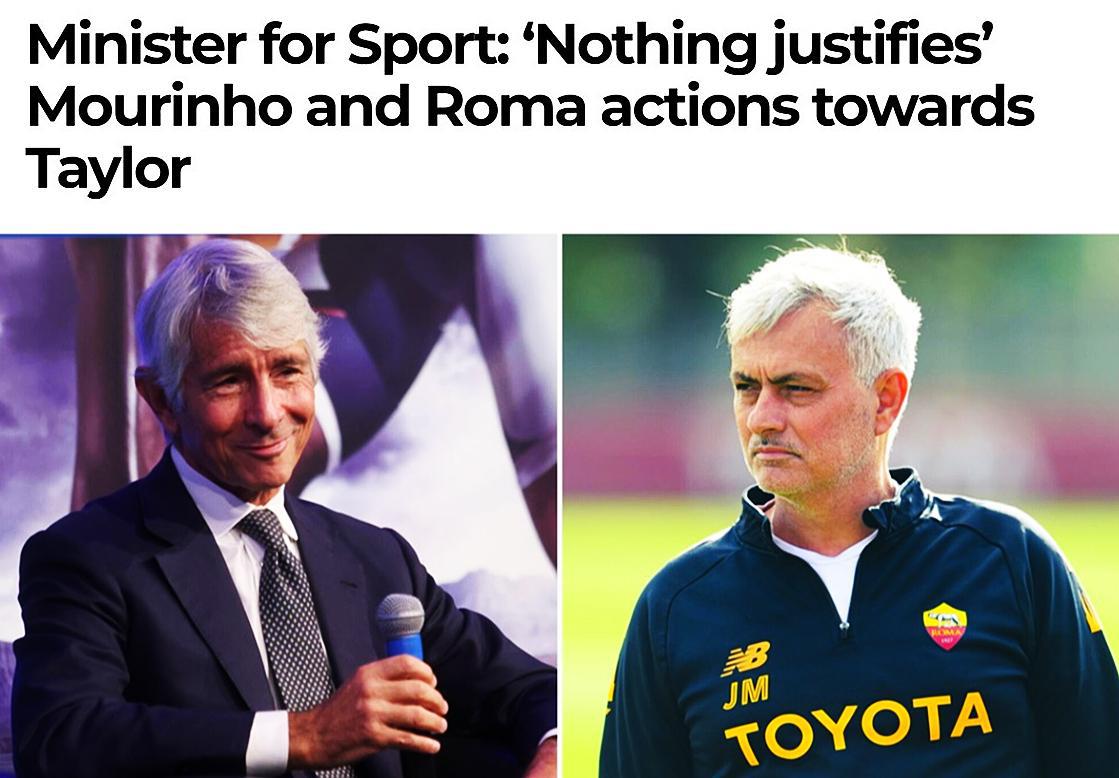 意大利体育部长：穆里尼奥和罗马球迷行为不可接受 输球不是借口